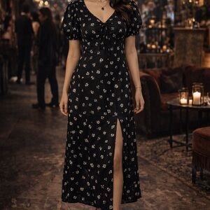 Black Satin Floral Babydoll Maxi Dress Puff Sleeves Slip Romantic Whimsigoth M